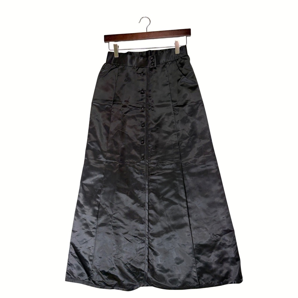 Vintage 90s Black Satin Button Front Maxi Skirt High Waist Whimsigoth 28W READ!!